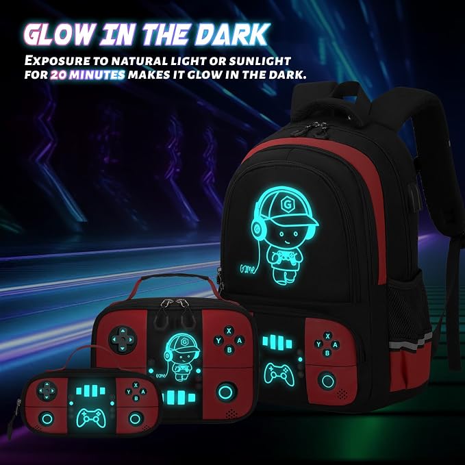 Backpack for School Boys, Cool Luminous Gamer Boys Schoolbag | with Lunch Box & Pencil Case Set for Kids Teens Elementary Middle School, Bookbag Glow In The Dark