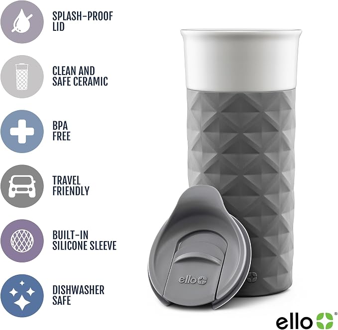 Ello Ogden Ceramic Travel Mug with Splash-Resistant Slider Lid and Protective Silicone Boot, Perfect for Coffee or Tea, BPA Free, Dishwasher Safe, Gray, 16 oz, 758-0438-040 | Splash-resistant ceramic travel mug with slider lid and protective silicone s...