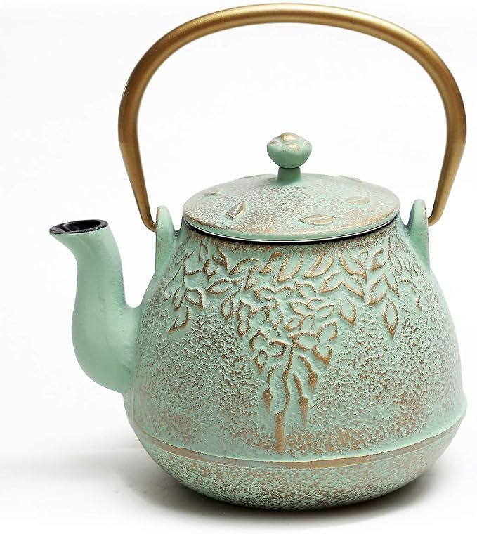 Toptier Tea Kettle for Stove Top, Cast Iron Teapot Stovetop Safe with Infusers for Loose Tea, 54 oz, Light Green