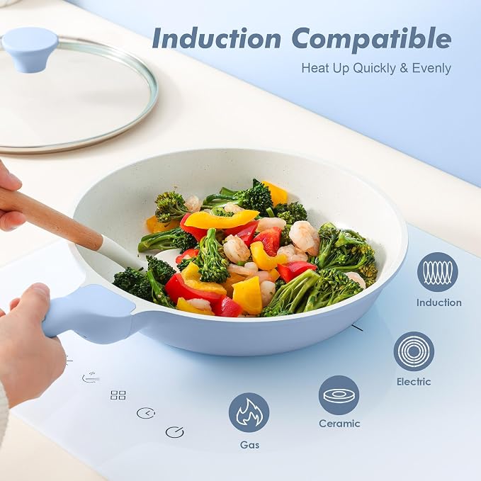 SENSARTE 12.5In Nonstick Ceramic Frying Pan with Lid, PFAS/PTFE Free, Blue | Ceramic Omelette Pan Skillet, Healthy Non-toxic Chef's Pan, Induction Compatible Pan, Heat Resistant Handle