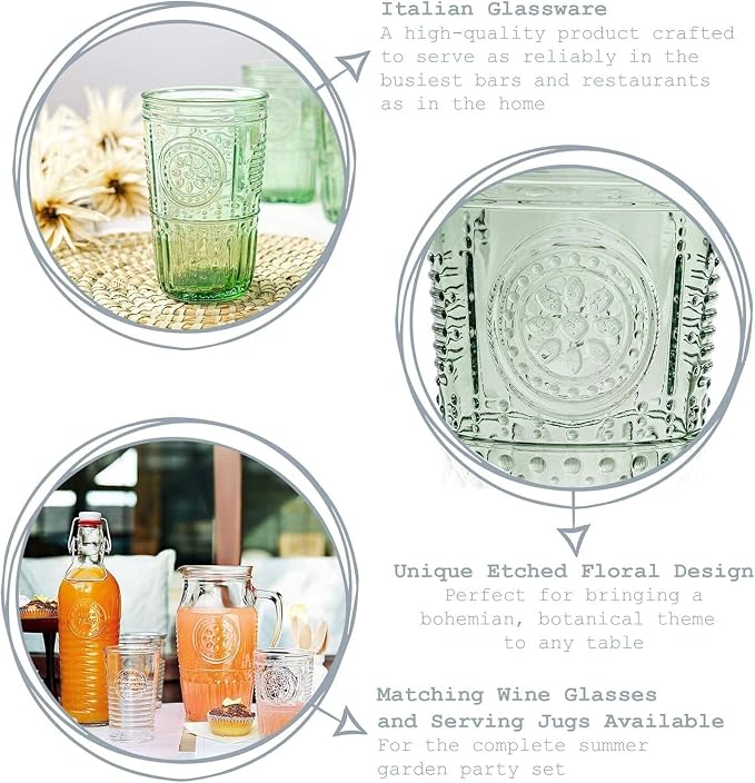 Bormioli Rocco Romantic Set Of 4 Cooler Glasses, 16 Oz. Colored Crystal Glass, Pastel Green, Made In Italy.