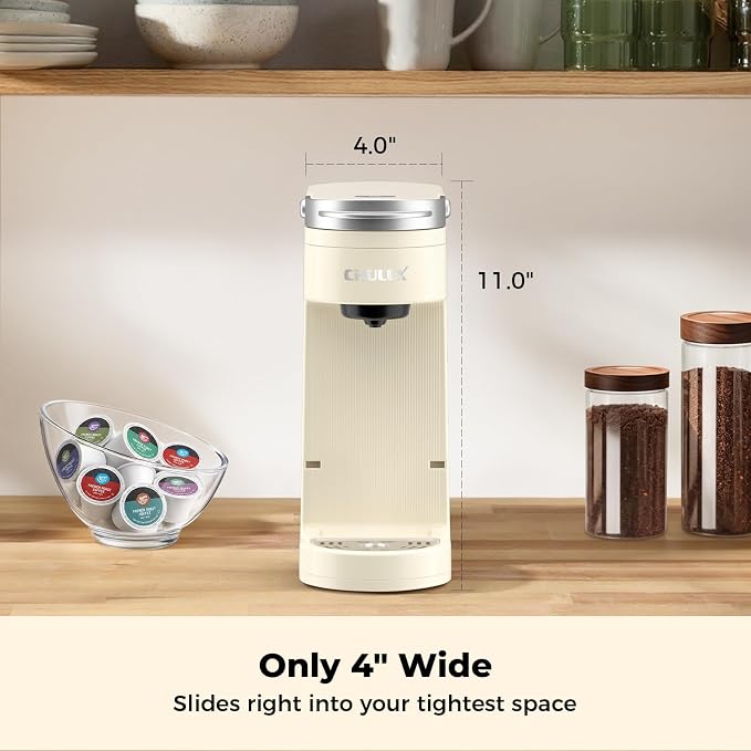 CHULUX Compact Single Cup Coffee Maker for K Cup Pod, Auto Shut-Off, Cream | Fast-Heating Boiler System, 4-Hole Needle for Richer Flavor, Adjustable Drip Tray for 7.3" Travel Mug, Food Grade Material