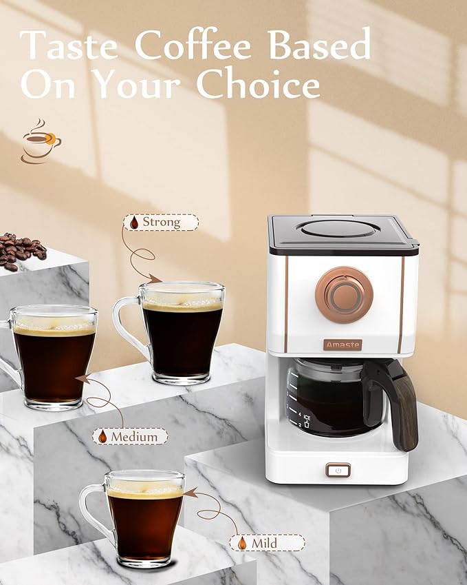 Amaste Retro Style Coffee Machine with 25 Oz Glass Coffee Pot, Reusable Coffee Filter & Three Brewing Modes, Warming Plate, Elegant White with Rose Gold