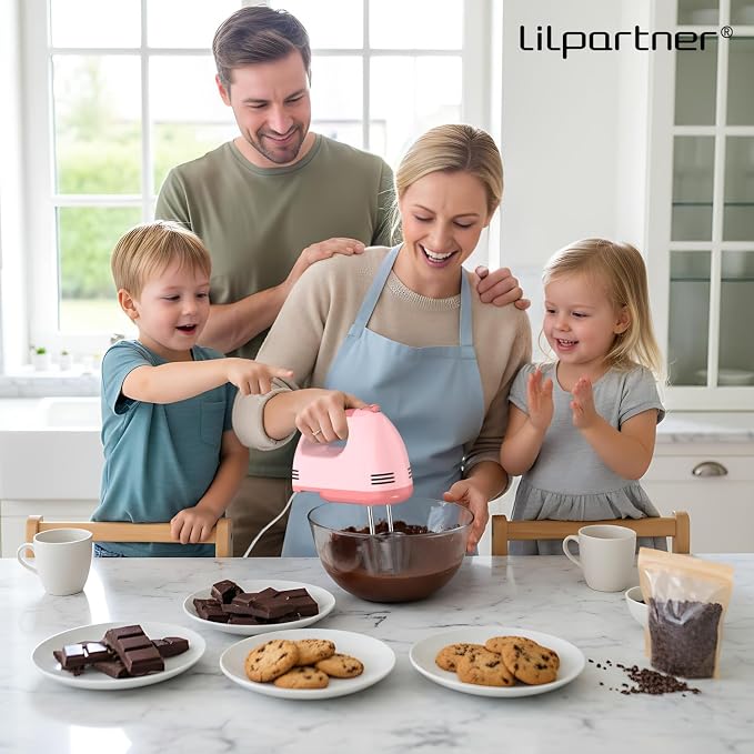 LILPARTNER Electric Hand Mixer with Storage Box, Ultra Power Kitchen Hand Mixer With 7-Speed & 5 Stainless Steel Accessories for Whipping Dough, Cream, Cake, Dishwasher Safe, PINK BOX