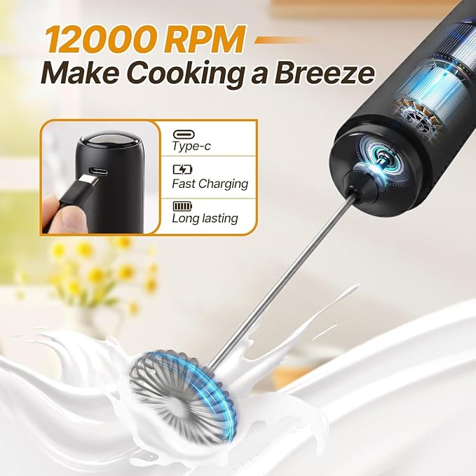 Rechargeable Milk Frother Handheld, Coffee Frother Wand Drink Mixer with Stainless Steel Whisk for Coffee, Cappuccino, Lattes, Frappe, Matcha and Hot Chocolate, (Black)