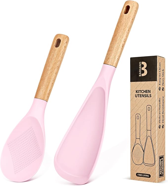 Cooking Spoon and Rice Scooper for Nonstick Cookware,Multi-function | Great for Cooking and Serving, Sturdy BPA-Free Matte Silicone, Wood Handle Spoon for Mixing, Scoop, and Scrape,9.3"+14.3"