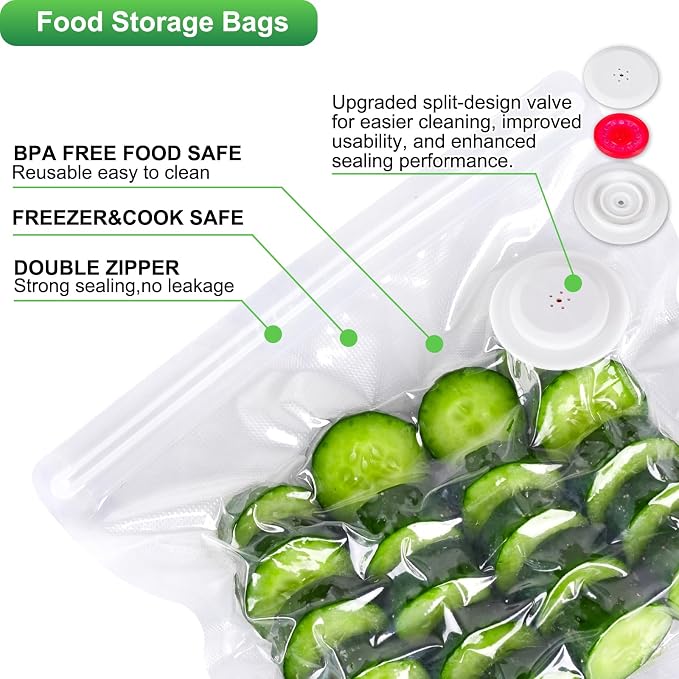 Higfra Sous Vide Bags 30 Pcs & 2 Seal Clips, Upgraded Valve Reusable BPA Free Vacuum Sealer Bags Vacuum Food Storage Bags for Cooking, Food Storage, Microwave Heating
