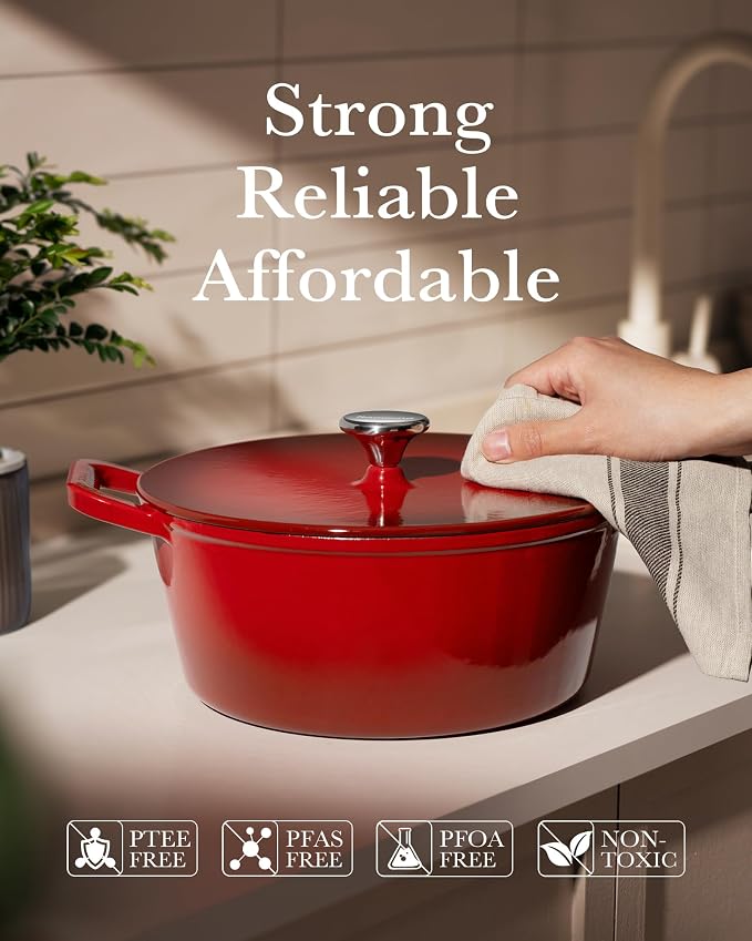 Dutch Oven Pot with Lid, 6QT Enameled Cast Iron Dutch Oven for Sourdough Bread Baking, Braising & Roasting, Dual Handle, 500℉ Oven Safe, All Cooktops Compatible, Cerise