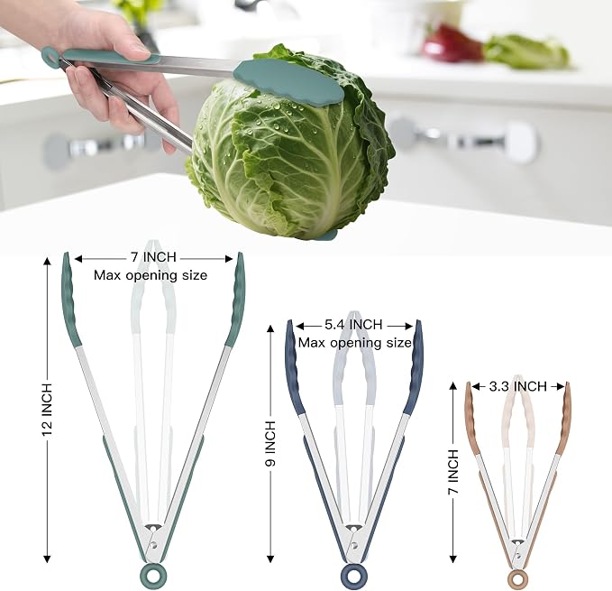 HOTEC Premium Stainless Steel Locking Kitchen Tongs with Silicon Tips, Set of 3-7", 9" and 12" (Neutral)