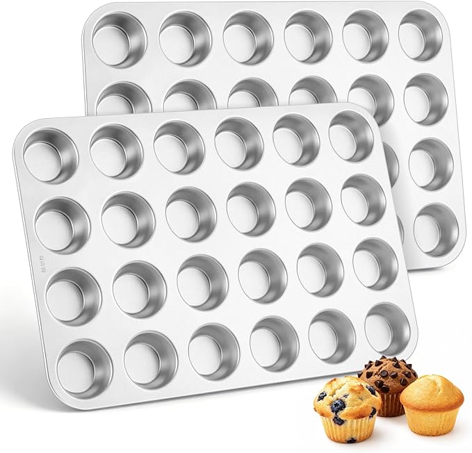 TeamFar Mini Muffin Pan, Stainless Steel 24-Cup Muffin Tin for Baking- 2PCS | Small Cupcake Pan Tray for Egg Bites Mini Cakes Quiches, Brunches Parties Birthday Treats, Healthy & Sturdy, Dishwasher Safe