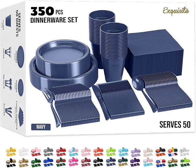 350 Pcs Navy Plastic Plates For Party, Navy Disposable Plates Set, 50 Of Each 9" Dinner Plate Set, 7" Dessert Plate, Cups, Napkins & Cutlery Plastic Dinnerware Set Exquisite