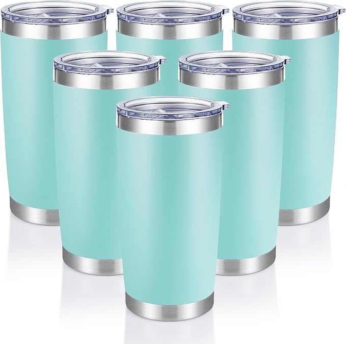 20 oz Tumblers Bulk Stainless Steel Tumbler with Lid, 6 Pack | Turquoise, 20oz Insulated Coffee Mug, Double Wall Vacuum, Powder Coated Cup, for Hot and Cold Drinks