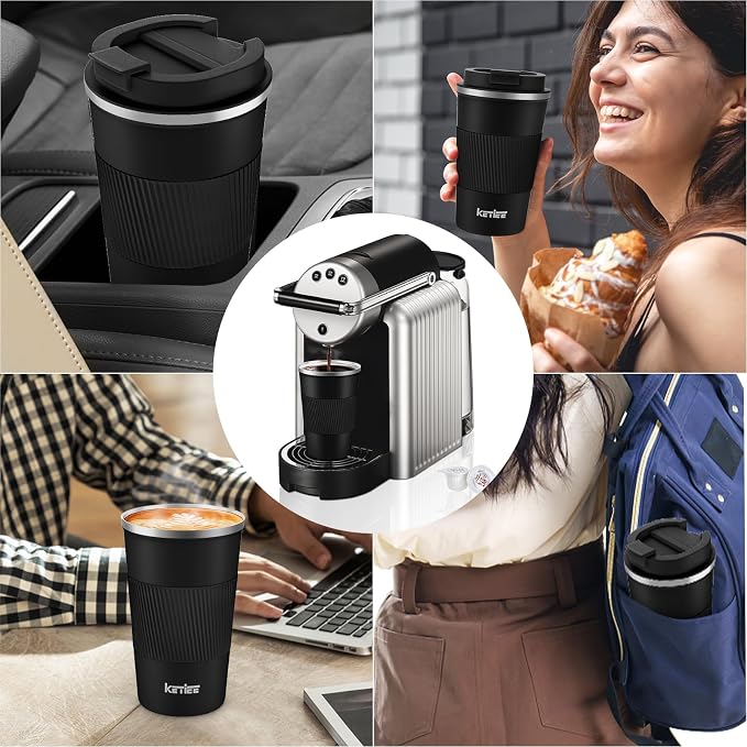 KETIEE Travel Mug 12oz, Vacuum Insulated Coffee Mug with Leakproof Lid, Travel Coffee Tumbler Stainless Steel Double Walled Reusable Coffee Cup for Hot and Iced Water (Black)