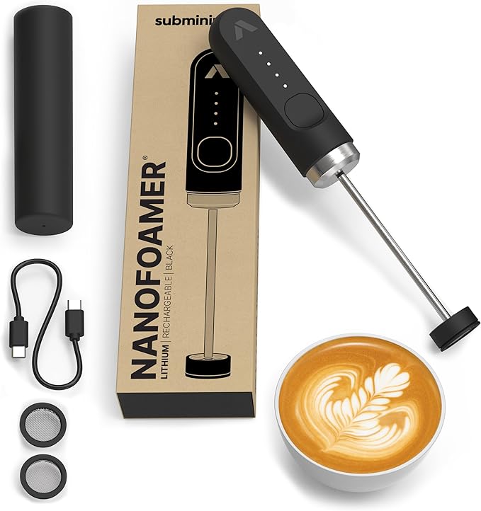 Subminimal NanoFoamer Lithium Performance Milk Foamer | USB-C Rechargeable, IP4 Waterproof, Dual-Speed, Stainless Steel | Premium Microfoamed Milk in 30 Seconds, Barista-Style Coffee Drinks at Home | Waterproof frother with rechargeable lithium battery...