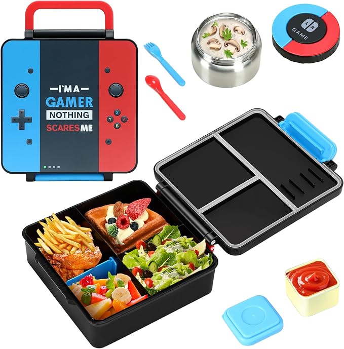 Bento Lunch Box for boys,60 OZ Insulated Bento Lunch Box with 8OZ Leakproof Leak Proof Thermos Food Jar, 3-4 Compartments Bento Box for School, BPA-Free Dishwasher Safe (I AM A GAMER)