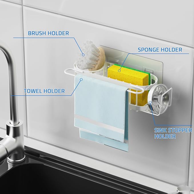 Cisily Kitchen Sink Caddy Sponge Holder in The Sink, Stainless Steel Kitchen Sink Organizer, Brush Holder, Dish Cloth Hanger, Sink Stopper Holder (Suction cup-White)