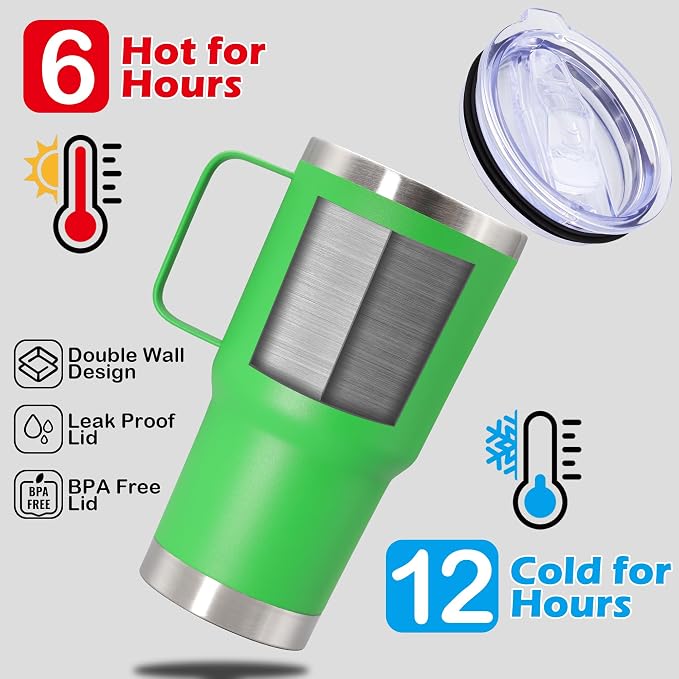 20 oz Tumbler with Handle Coffee Tumblers with Lid Travel Mug Green 12P | 20oz Tumblers with Handle Double-Wall Insulated Vacuum Coffee Mugs Stainless Steel Tumbler with Handles&Lid Green 12P