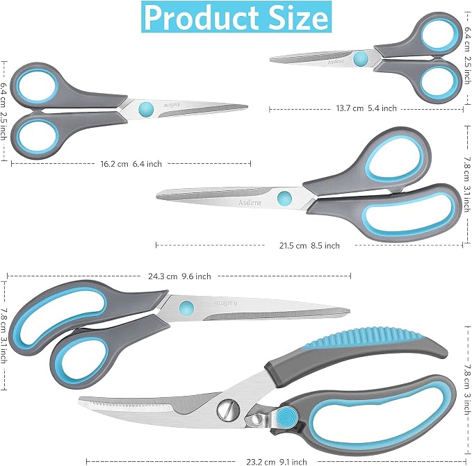 Asdirne Premium Kitchen Scissors Set, Kitchen Shears, Food-Grade Stainless Steel Blades, Ergonomic Rubber Handle, Include 1 Poultry Shears and 4 All Purpose Scissors, 9.1”/9.6"/8.5"/6.4"/5.4"