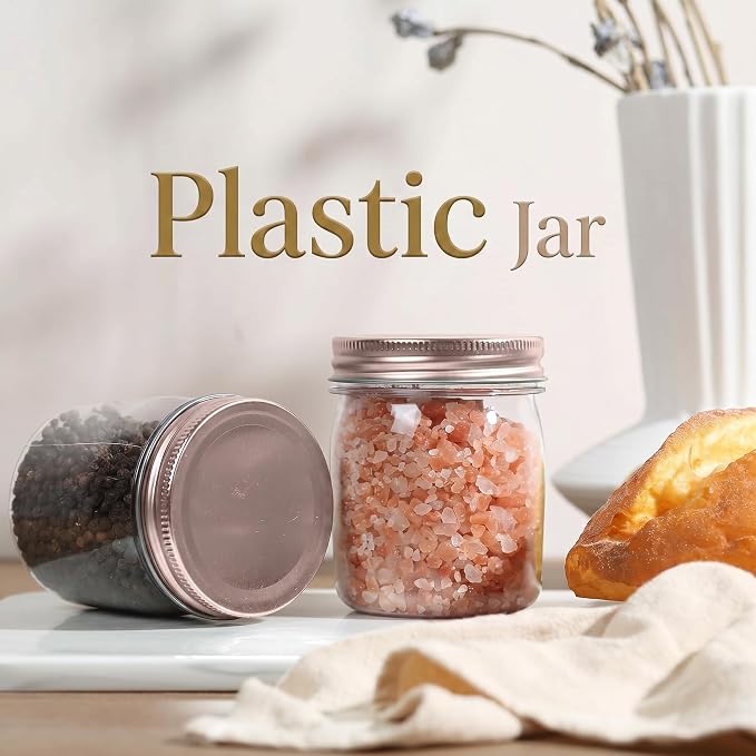 novelinks 8 oz Plastic Mason Jars and Clear Plastic Jars with Lids 8 oz | 24 Pack, Rose Gold, Plastic Containers with Lids, Small Mason Jars, Clear Jars Bulk, Spice Jars, Slime Jars, Mini Jars