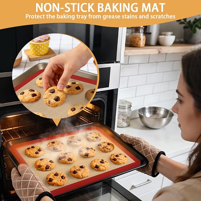 SenseYo 6 Pcs Silicone Baking Mat Non Slip Reusable BPA Free Silicone Rectangular Bakeware Sheet Liner for Cookies Pastry Bread Dough Prep Oven Counter (Red)