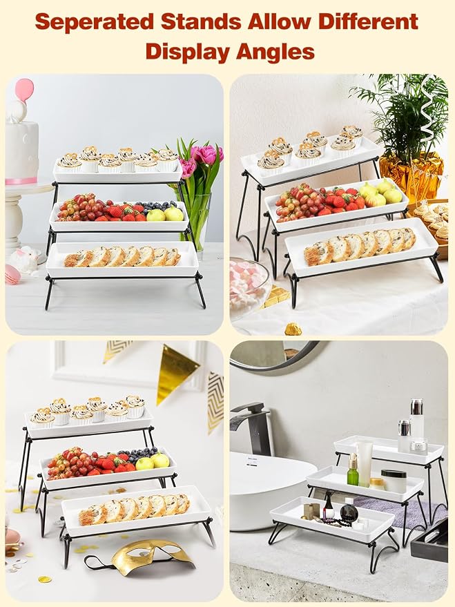 3 Tier Serving Tray Set, 14" White Porcelain Platters with Collapsible Metal Stands, Tiered Serving Stand for Party Food Display, Cupcakes, Desserts, Fruit & Appetizers | 3*Porcelain Durable Serving Plates, Microwave/Dishwasher Safe, Modern Cupcake Fru...