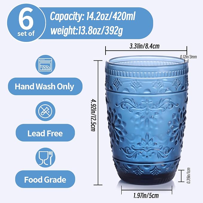 abrwyy Blue Drinking Glasses, Blue Glassware, 14oz Vintage Drinking Glasses | Lead-Free Glass, Thick&Durable Glass, Home Decoration, Drinking Glasses Set of 6