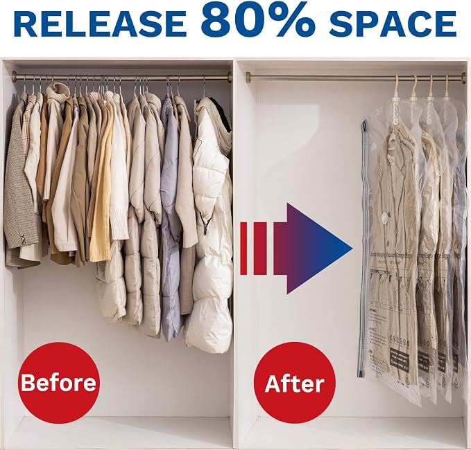 Hanging Vacuum Storage Bags, Space Saver for Clothing, 4 Long with Pump | Vacuum Seal Bags for Clothing with Electric Pump, Hanging Garment Storage for Jackets, Suit, Dresses, Winter Closet Organizer