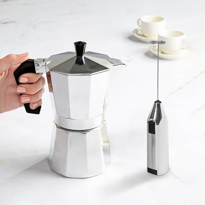Primula Stovetop Espresso Maker and Handheld Electric Milk Frother Gift Set, Moka Pot for Classic Italian and Cuban Coffee, Cafetera, 6 Espresso Cups, Silver