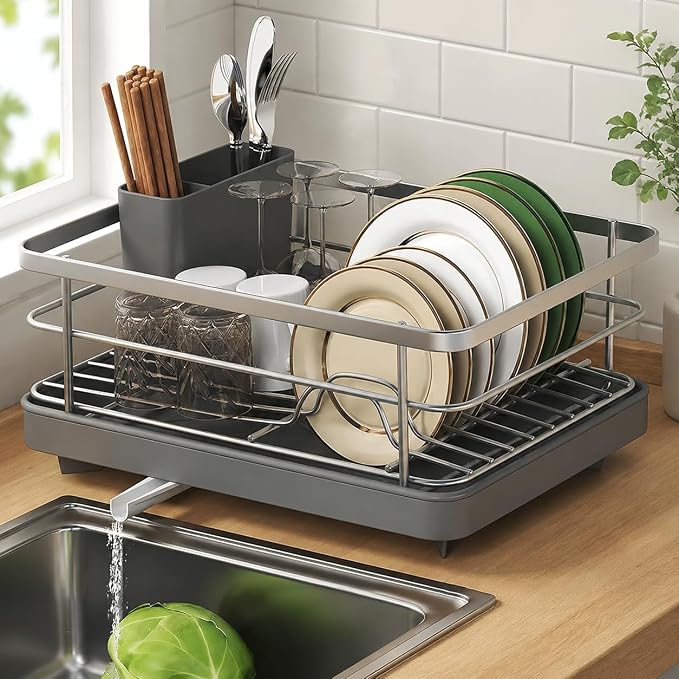 Dish Drying Rack for Kitchen Counter, Carbon Steel Sink Organizer with Drainboard & Cutlery Holder, Space-Saving Sturdy Metal Rack for Home Apartment (Gray)