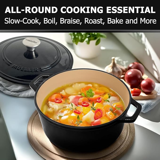 MUELLER HOME 4.5 QT Enameled Cast Iron Dutch Oven, Heavy-Duty Casserole Dish and Braiser Pan with Lid and Stainless Knob, Oven-Safe up to 500° F & Across All Cooktops, Black | Heavy-Duty Casserole Dish and Braiser Pan, Lid with Stainless Knob, Oven-Saf...
