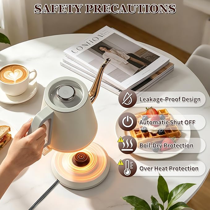 Gooseneck Electric Kettle 0.8L, 1200W Fast Boiling Stainless Steel – Auto Shut-Off, Precision Pour Over Kettle for Coffee & Tea, Ideal for Small Kitchen, RV, Travel (Gray White)
