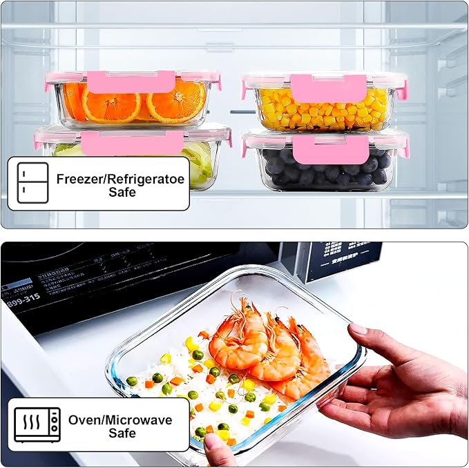 VERONES 10 PACK Glass Meal Prep Containers Set with Lids, Pink | Airtight & Stackable Glass Food Storage Containers Set with Lids, for Microwave, Oven, Freezer & Dishwasher Friendly