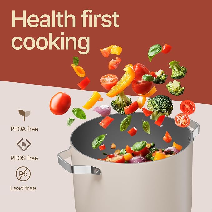 Bakken 12.5 Quart Ceramic Coated Stock Pot with Lid, Easy Clean Nonstick Pot, Tempered Glass Lid, Riveted Stainless Steel Handles, Oven Safe Up To 500°F, PTFE & PFAS Free, All Stove Compatible, Cream