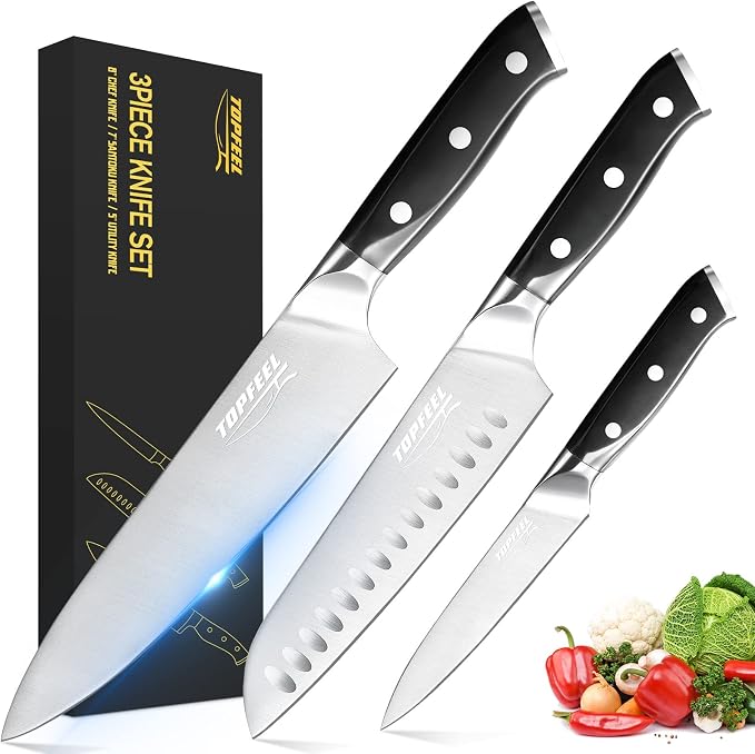 Topfeel 3PCS Chef Knife Set, German High Carbon Steel | Includes 8" chef, 7" santoku & 5" utility knives. Precision forged with full tang. Premium gift packaging for cooks
