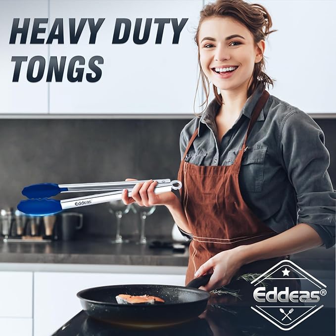Tongs For Cooking - Silicone Metal Kitchen Tong 7" 9" & 12" Blue | 600°F Heat Resistant Silicone Tong, All Metal handle Locking Tongs with Silicone Tips, Heavy Duty Stainless steel