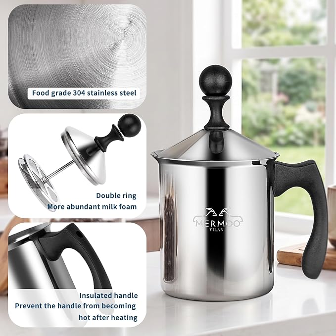 MERMOO YILAN Manual Milk Frother 27oz Stovetop Milk Foamer | for Dairy&Non-dairy milk| Cold&Hot Milk|Not Require Batteries|Thick&Creamy Foam|for Cappuccinos, Lattes, Matcha