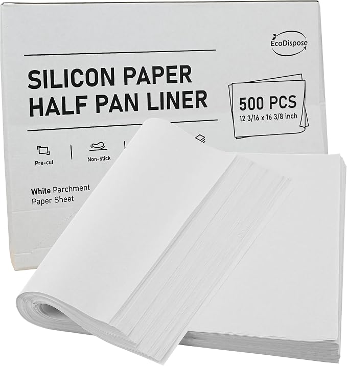 EcoDispose 500 Pcs Non-Stick Parchment Paper Baking Sheets 12-3/16"x16-3/8" | White, Heavy Duty, Pre-Cut, Greaseproof, Half Pan liner for Bake