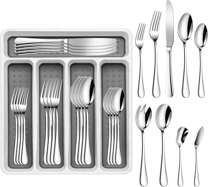 45-Piece Silverware Set with Organizer, Stainless Steel Flatware Set for 8 | Mirror Polished, Includes Forks, Knives, Spoons & Serving Utensils, Cutlery Utensils Set for Home Wedding & Housewarming