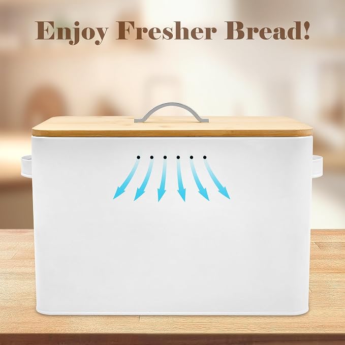 Jolitac Farmhouse Style Bread Box for Kitchen Countertop - Space-Saving Bread Storage Container with Wood Lid | Rustic Vintage Organizer for Small Kitchens & Countertop Gift (12.2”L x7.5”W x8”H)