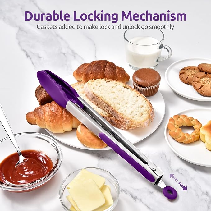 U-Taste Kitchen Tong for Cooking, 600ºF Heat-Resistant Tps, 12in/Purple | Large Tongs for Serving Food, Big Rubber Tong for Grill/BBQ, Silicone Tips & 18/8 Stainless Steel Handle, Smooth Locking