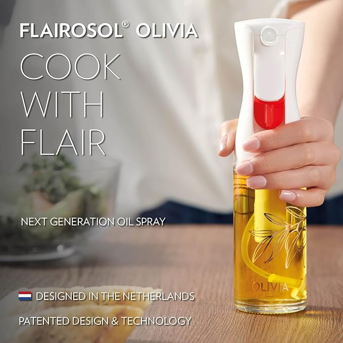FLAIROSOL OLIVIA SIGNATURE Oil Sprayer, 130ml Glass, Golden Leaves | Portion control mist for air fryer, salad, BBQ, refillable & reusable, fine mist olive oil kitchen sprayer, anti-drip