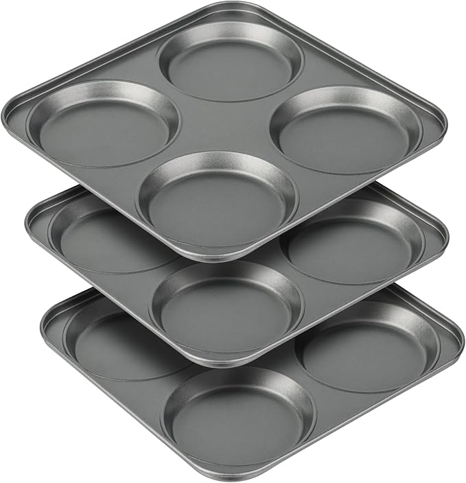 Tiawudi Muffin Top Pan, 4-Cup Hamburger Bun Pan, Large Whoopie Pies Pan, Non-Stick Bakeware for Eggs, Cornbread, Small Cake Layers and Drop Cookies, Set of 3