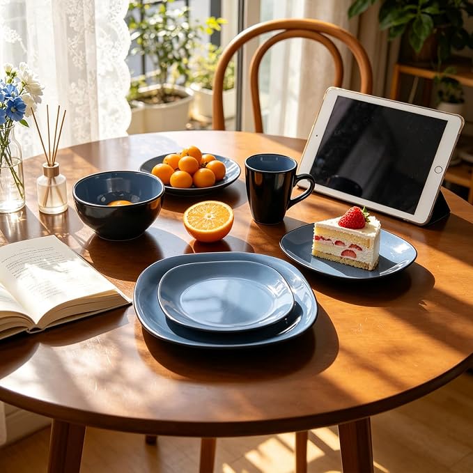 HomeVss, Stoneware Square 16pc Dinnerware Set, Inside Shiny Blue + Outside Matte Black