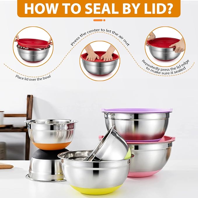 Mixing Bowls with Airtight Lids, 18pcs Stainless Steel Mixing Bowls Set | Nesting Non-slip Silicone Bowls Bottom, Size 4.5, 3.6, 2.7, 2.1, 1.7, 1.1, 0.7 qt, Fit for Mixing & Serving(Colorful )