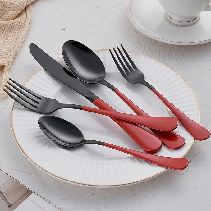 20-Piece Red Silverware Set 18/0 Stainless Steel Black Silverware Set Red Handle Cutlery Set Service for 4 Dinner Knives Forks Spoons Set Black Flatware SetFinish Dishwasher Safe