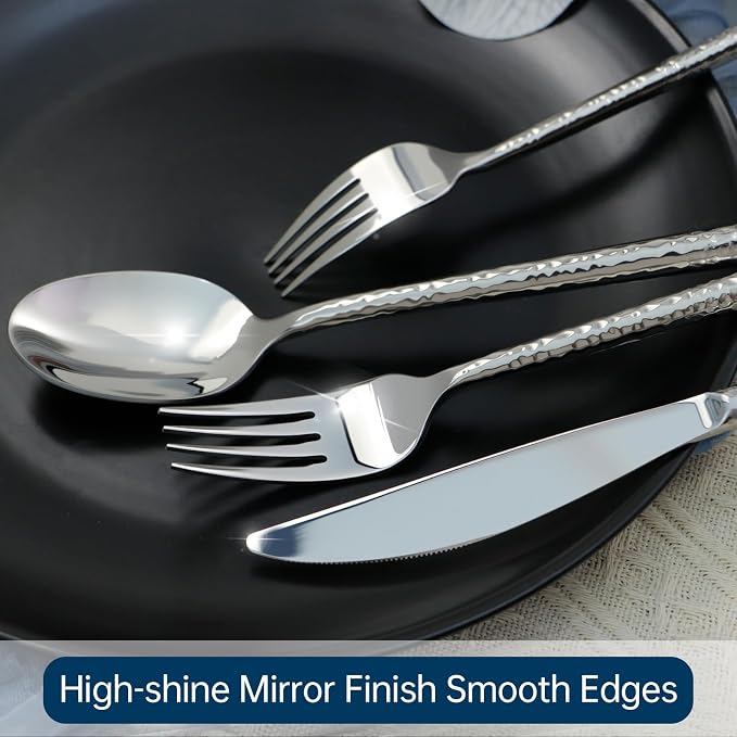 Silverware Set 60 Piece Hammered Round Handle Service for 12 | 18/10 Stainless Steel Flatware Set, Heavy Duty Utensil, Cutlery Set for Home Party Wedding, Mirror Polished Dishwasher Safe