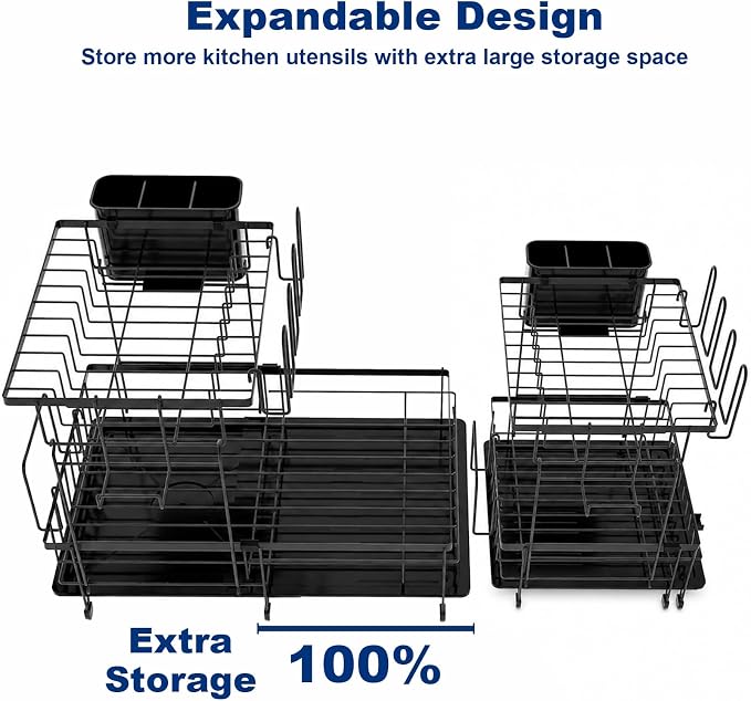 2 Tier Foldable Expandable Double Dish Drying Rack with Utensil Holder & Phone Holder, Over Sink Large Capacity Countertop Dish Dryer Organizer for Kitchen