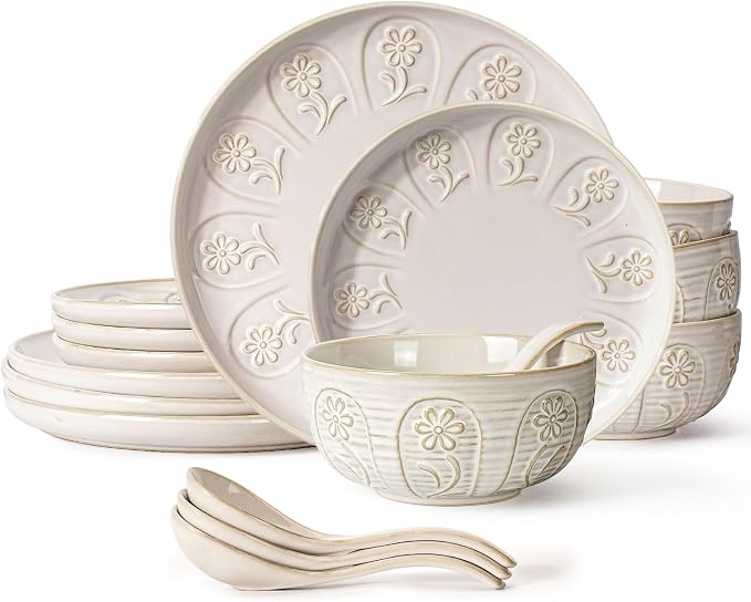 Plates And Bowls Sets, 16 Pieces Dinnerware Sets, Dish Set For 4, Ceramic Kitchen Bowl And Plate Set, Embossed White Dishware Sets, Dishwasher & Microwave Safe (Pinwheel Flower)