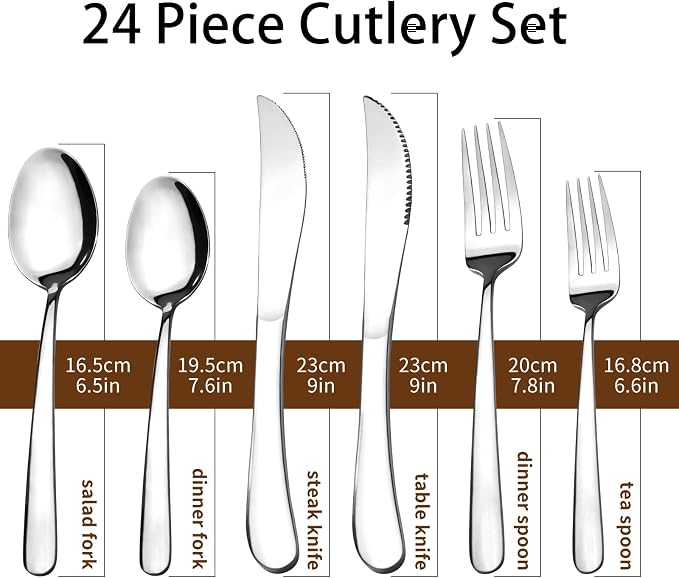 Silverware Set with Steak Knives, 24-Piece Flatware Set for 4 Cutlery Set | 18/0 Stainless Steel Silverware set, Mirror Polished Kitchen Cutlery Set Service for Home and Restaurant, Dishwasher Safe