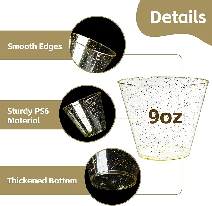 Byvivace [200 Pack 9oz Plastic Cups with Gold Glitter Sturdy & Food Safe Plastic Wine Glasses Disposable Cups Party Wedding Cups Cocktail Glasses for Wine, Juice & Cold Beverages